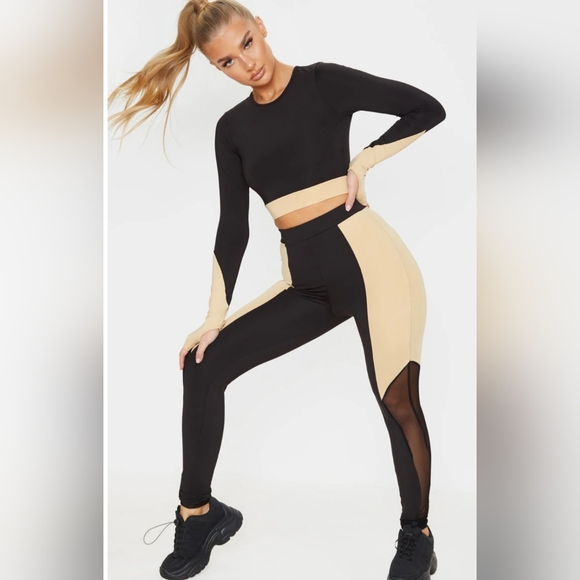 Pretty Little Thing Black Panel Long Sleeve Crop Top & Mesh Panel Gym Leggings - Picture 2 of 9